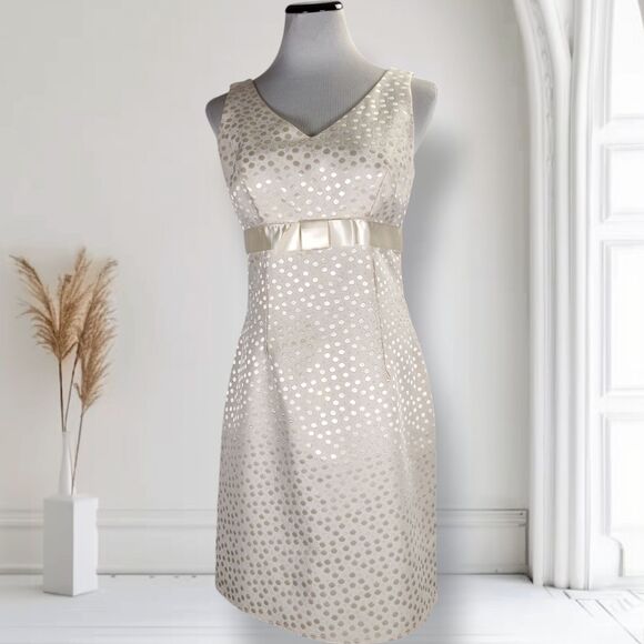 Vintage 90s Allen by ABS Empire Waist Dress Size 8 Ivory Dot Jacquard Bridal - Picture 1 of 16